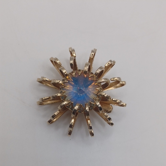Sarah Coventry Jewelry - Sarah Coventry Gold-Tone Starburst Brooch with Blue Opalescent Rivoli Center